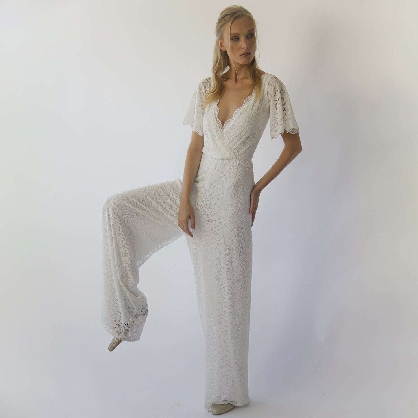 Ivory Bohemian Butterfly Sleeves Flowing Bridal Lace Jumpsuit with Flared Legs - Lovez Aqua© -