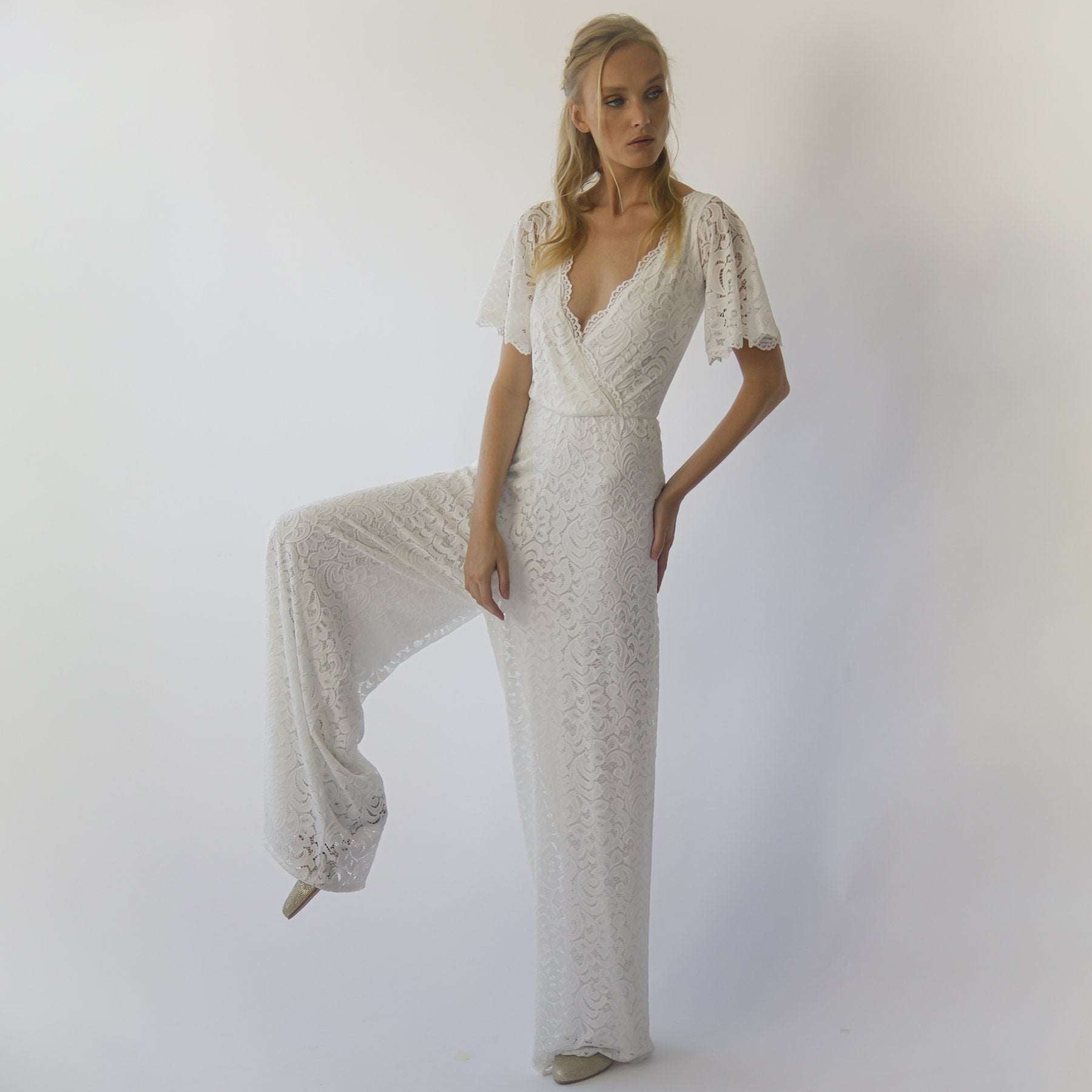 Ivory Bohemian Butterfly Sleeves Flowing Bridal Lace Jumpsuit with Flared Legs - Lovez Aqua© -