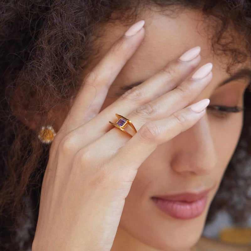 Natural Amethyst S925 Sterling Silver Unique Square Gold Plated Women's Ring - Lovez Aqua© -
