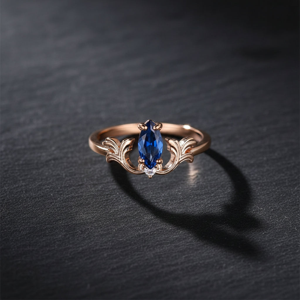 Women's Sapphire Blue Marquise Silver Ring with White Round Zircon Stones - Lovez Aqua© - 6