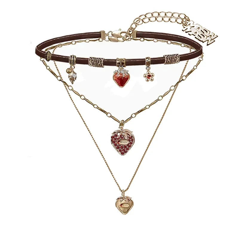 Women's Gothic Faux Leather Choker Necklace/Earrings with Gold Strawberry Charms - Lovez Aqua© - Necklace Sets