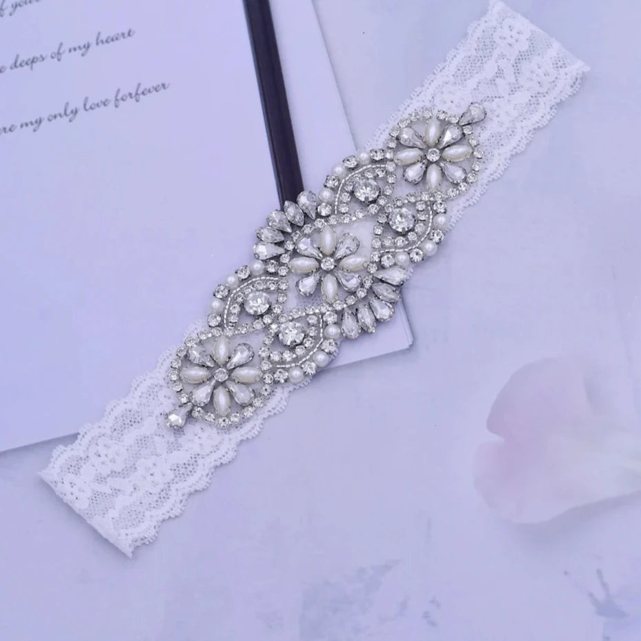 Women's Rhinestone & Pearl Embellished Floral Lace Bridal Garter Belt - Lovez Aqua© - 6