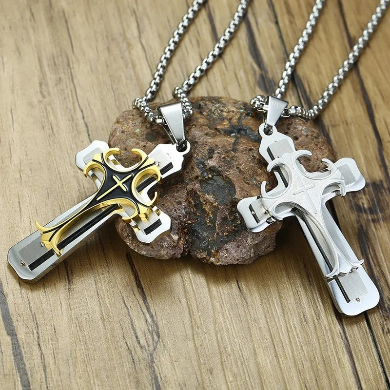 Men's Thick Engraved Stainless Steel Cross Pendant Necklace - Lovez Aqua© -