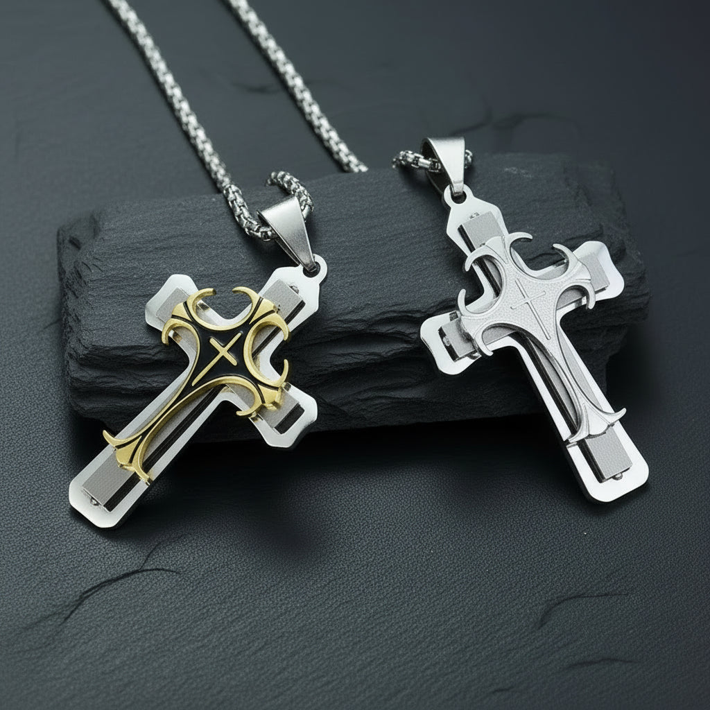 Men's Thick Engraved Stainless Steel Cross Pendant Necklace - Lovez Aqua© -