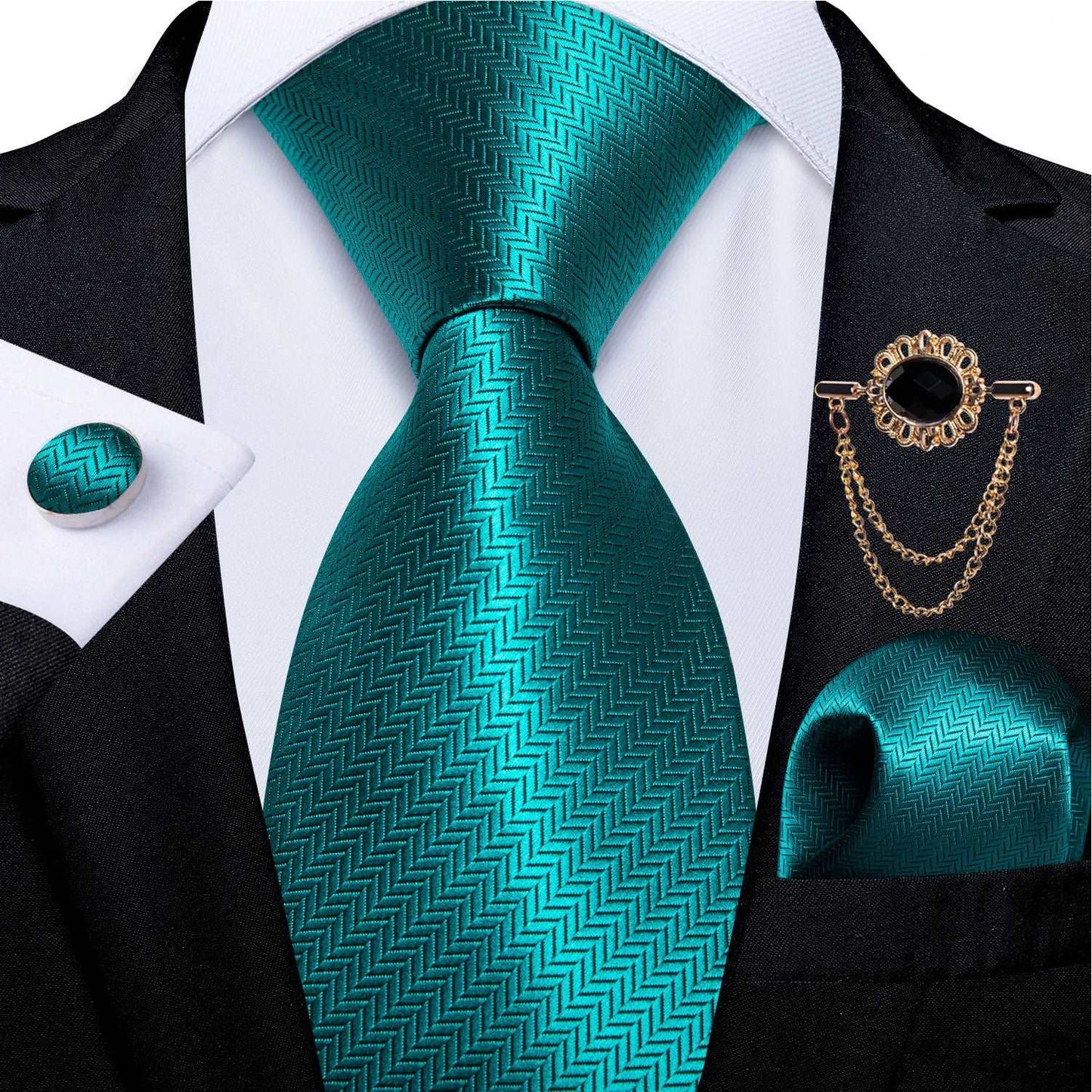 Men's Teal & Aqua Blue Silk Necktie, Handkerchief, Brooch & Cufflinks Set - Lovez Aqua© - 5