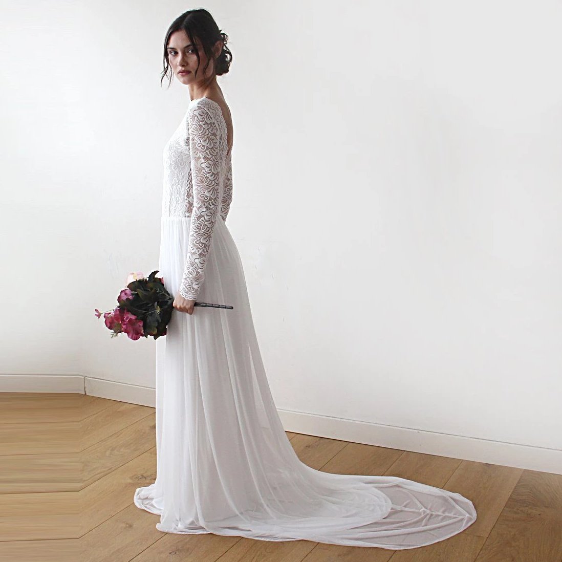 Ivory Boat Neckline V Back Lace & Chiffon Mesh Long Sleeve Wedding Dress - Lovez Aqua© -