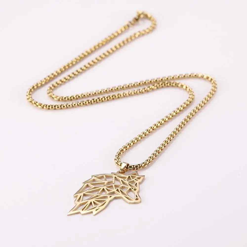 Men's Stainless Steel Origami Wolf Head Pendant Statement Necklace - Lovez Aqua© -