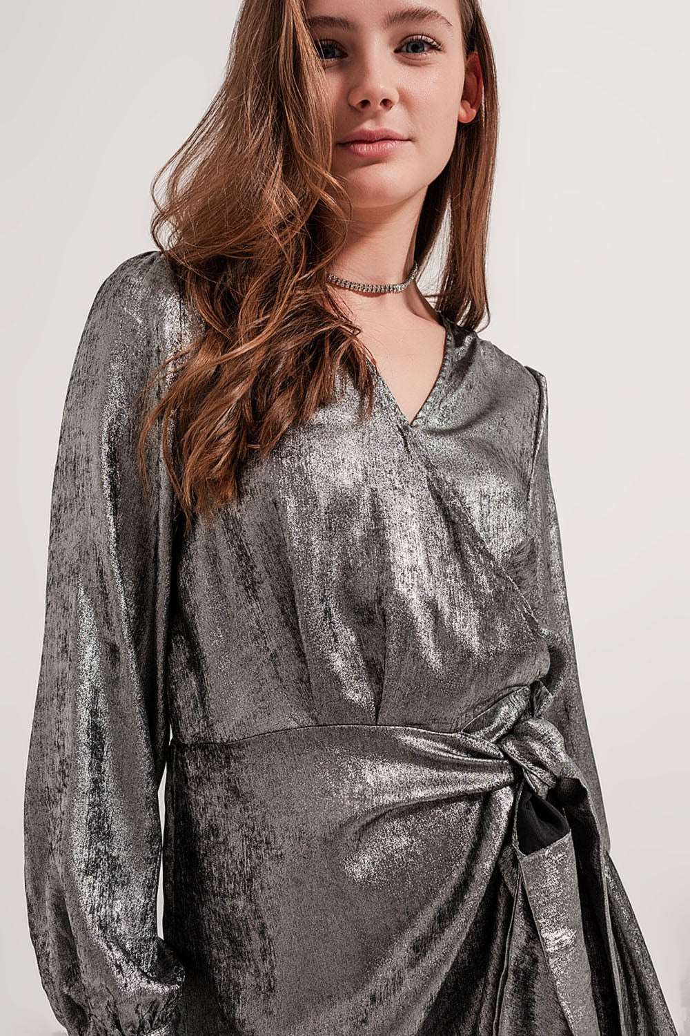 Women's Sparkling Silver Knot Bow Tie Front Mini Party Dress - Lovez Aqua© -