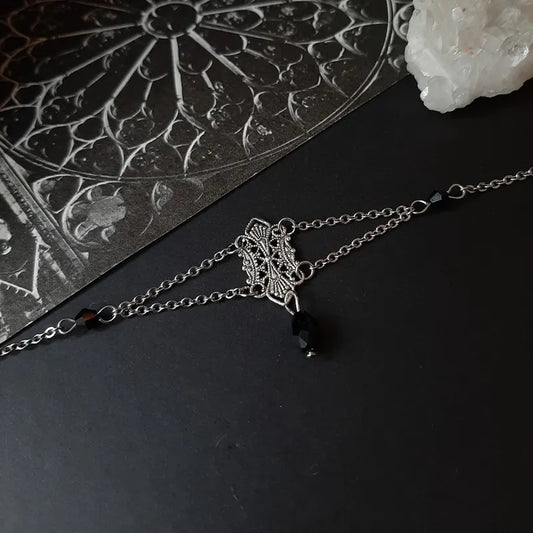 Vintage Medieval Victorian Silver Necklace/Choker with Black Crystal Accents - Lovez Aqua© - Choker