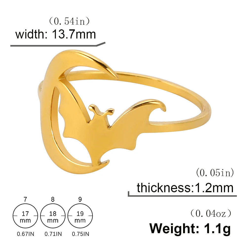 Women's Gothic Punk Crescent Moon & Bat Stainless Steel Ring - Lovez Aqua© - Gold 2 / 7