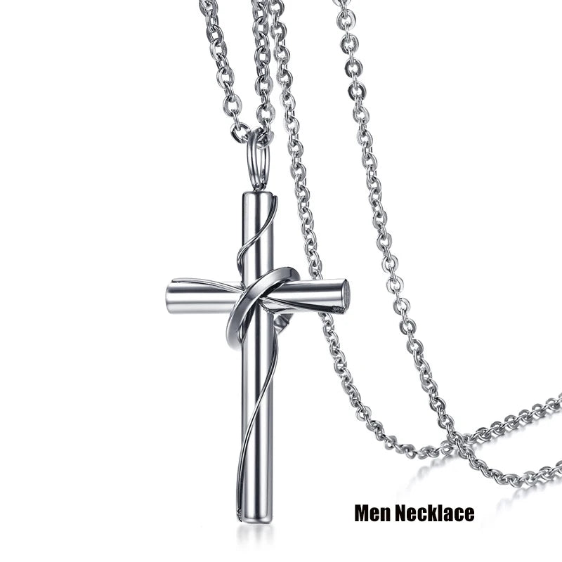 Matching Couple Stainless Steel Wire Wrapped Cross Necklace - Lovez Aqua© - Men's Necklace