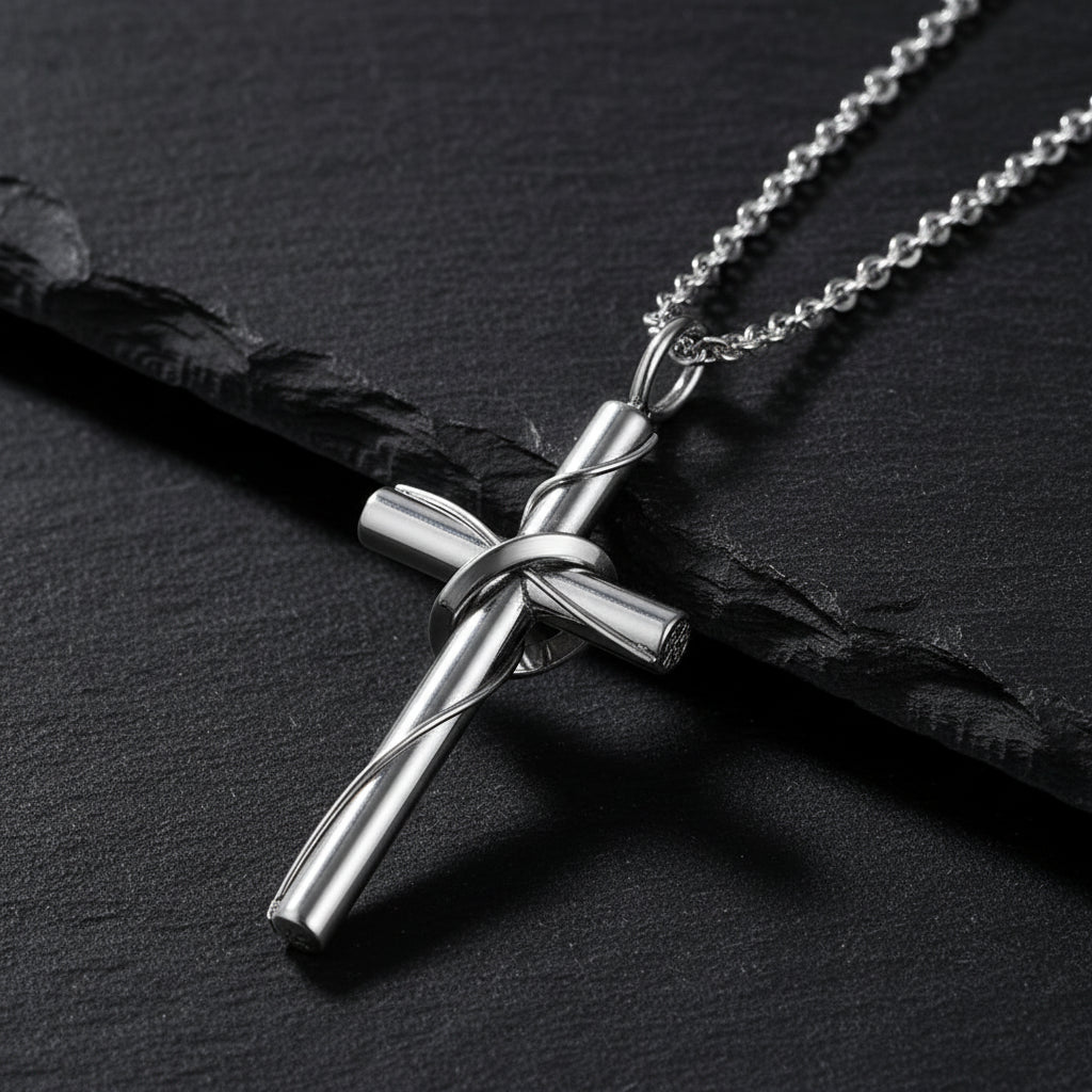 Matching Couple Stainless Steel Wire Wrapped Cross Necklace - Lovez Aqua© - Men's Necklace