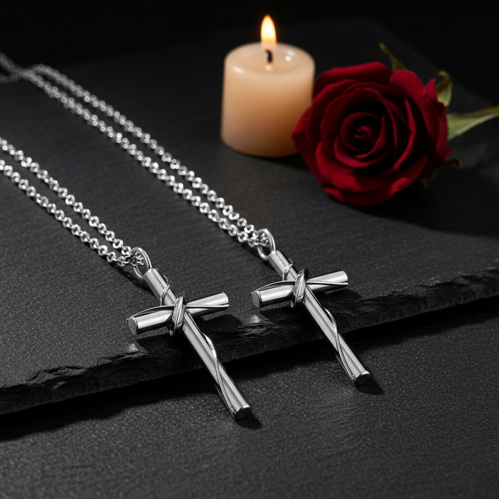 Matching Couple Stainless Steel Wire Wrapped Cross Necklace - Lovez Aqua© - Couple's Necklace
