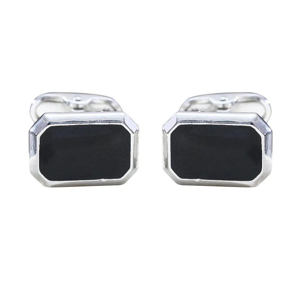 Men's French Style Angular Rectangle Formal Black & Silver Cufflinks - Lovez Aqua© - Default Title