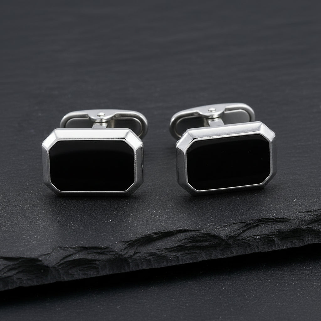 Men's French Style Angular Rectangle Formal Black & Silver Cufflinks - Lovez Aqua© - Default Title
