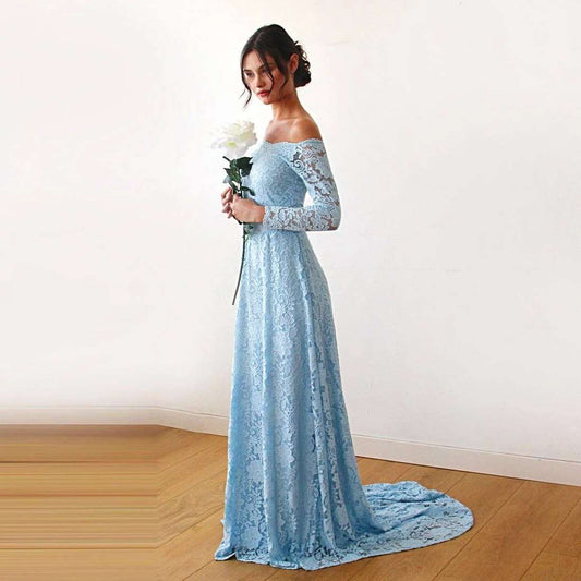 Light Blue Off-The-Shoulder A-Line Lace Wedding Dress with Train & Long Sleeves - Lovez Aqua© -