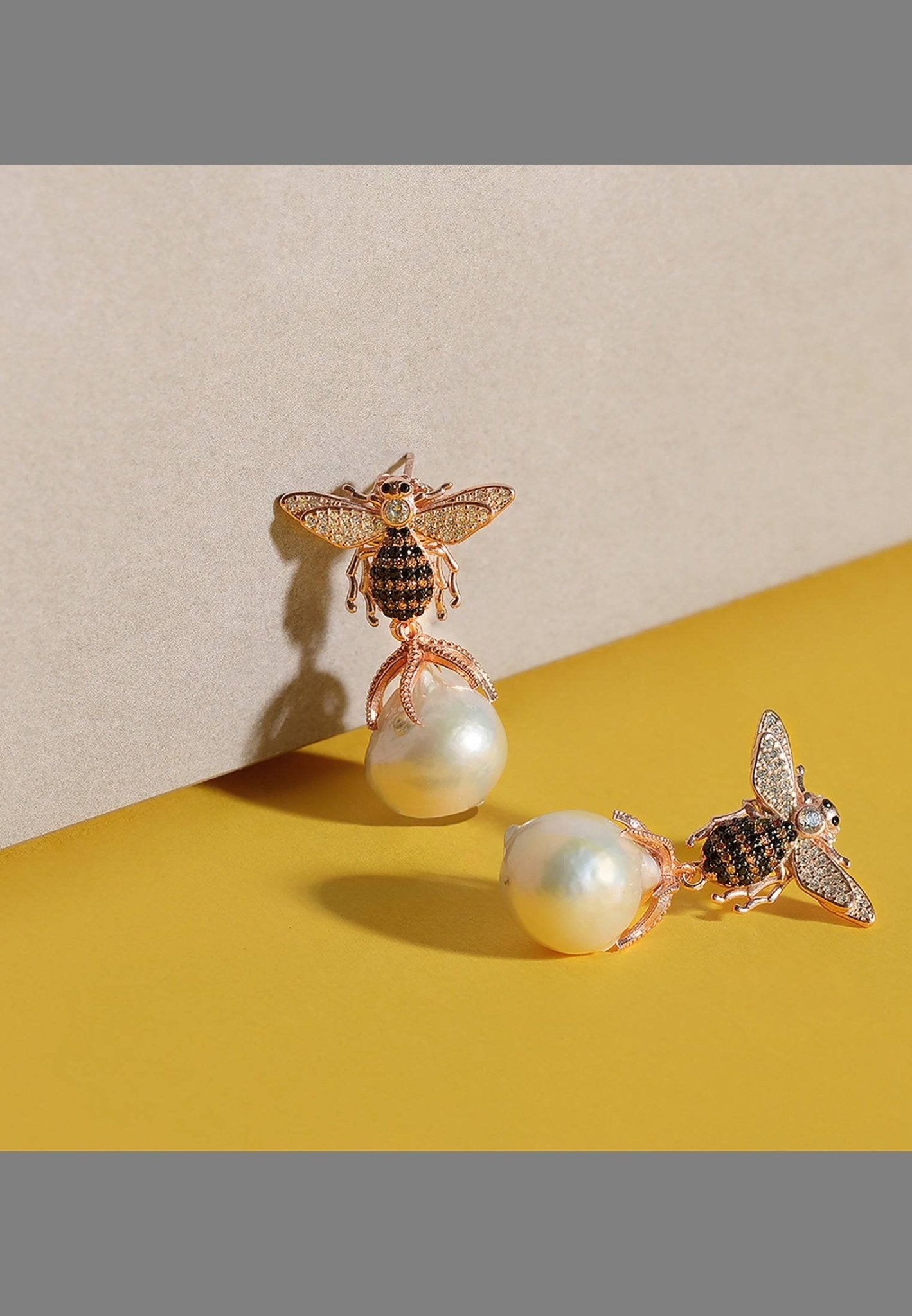 Women's Rose Gold & Baroque Pearl Honey Bee Drop Earrings - Lovez Aqua© -