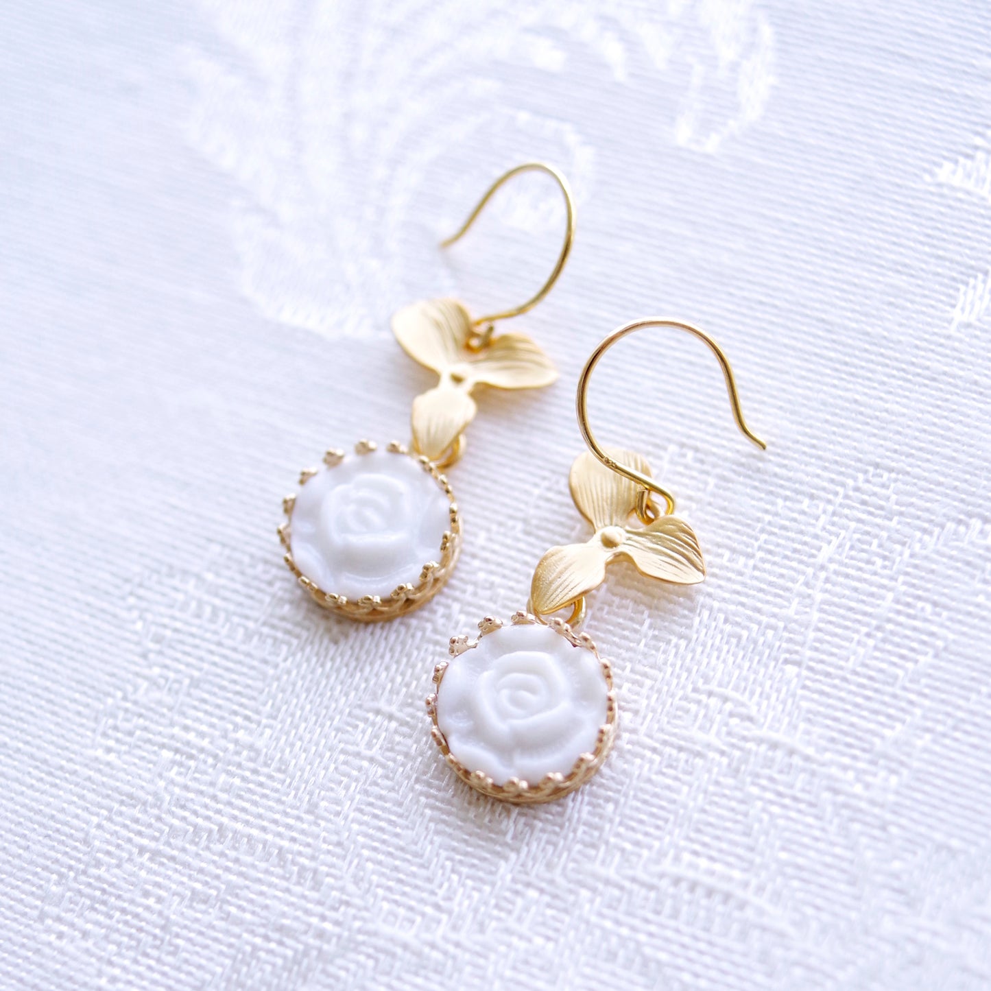 Women's Delicate Mini Porcelain Moonlight Rose Gold-Plated Drop Earrings - Lovez Aqua© -