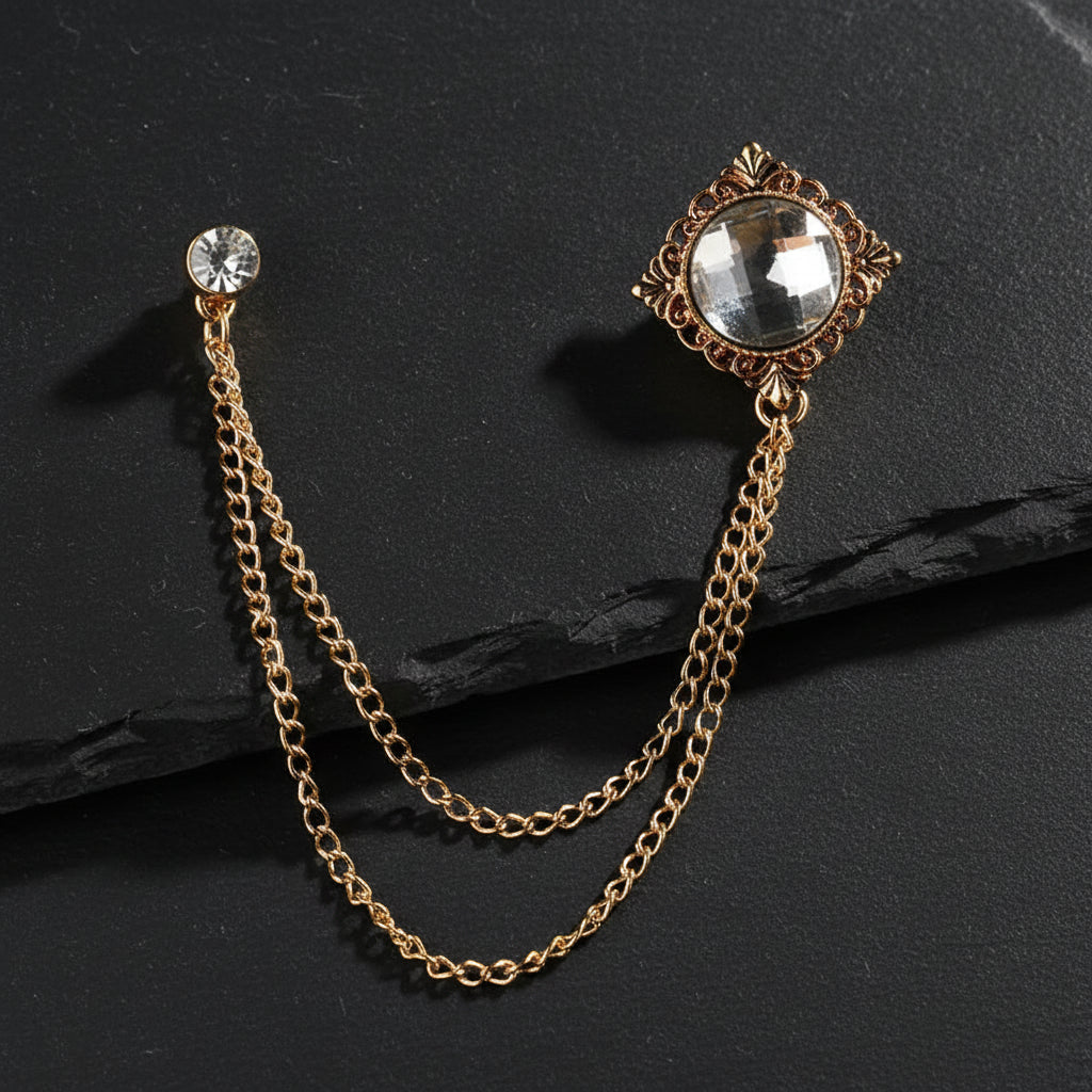 Men's Baroque Rhinestone Classic Chain Link Vintage Lapel Pin Brooch - Lovez Aqua© - Style 6