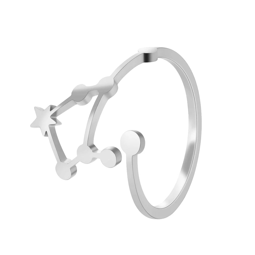 Women's Zodiac Star Signs Constellation Stainless Steel Adjustable Open Ring - Lovez Aqua© - Libra Steel
