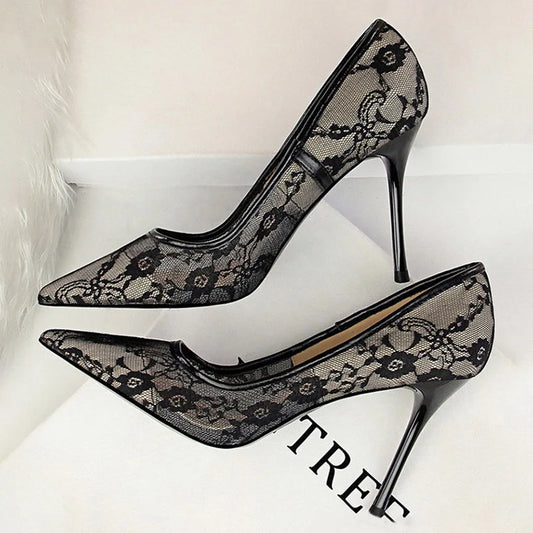 Women's Delicate Mesh Hollow Floral Lace Thin Stiletto High Heels - Lovez Aqua© - Black / 36