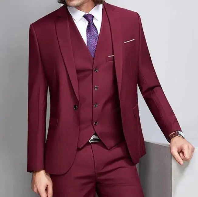 Men's Shiny Metallic Embroidered 3 Piece Suit Set (Jacket, Pants & Vest) - Lovez Aqua© - Red / XS