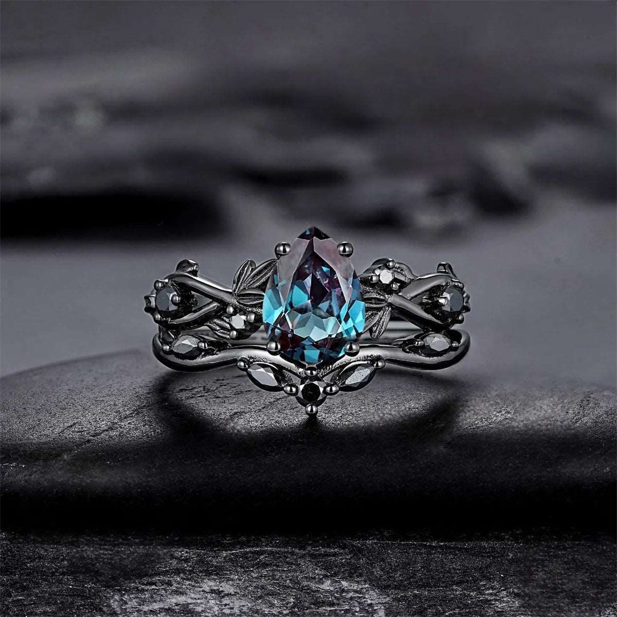 Gothic Black Gold Blue Waterdrop Zircon Rings with Black Rhinestone (2 Pieces) - Lovez Aqua© - 5