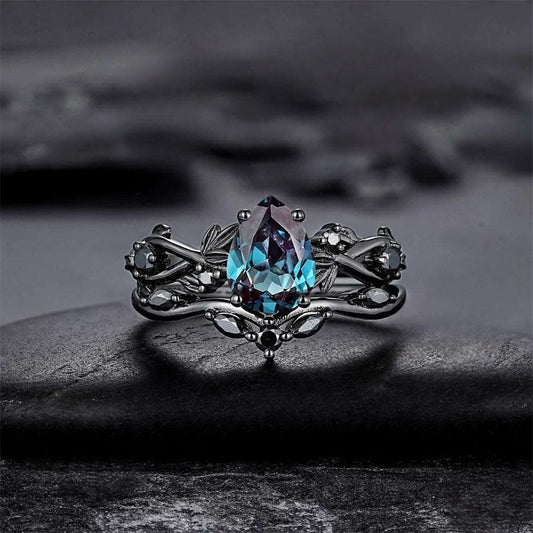 Gothic Black Gold Blue Waterdrop Zircon Rings with Black Rhinestone (2 Pieces) - Lovez Aqua© - 5