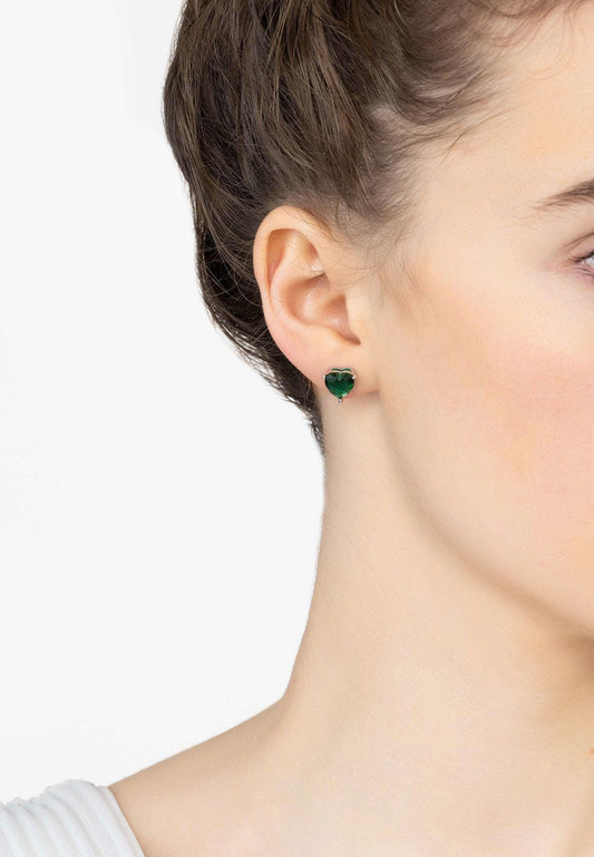 925 Sterling Silver Emerald Heart Stud Earrings - Lovez Aqua© -