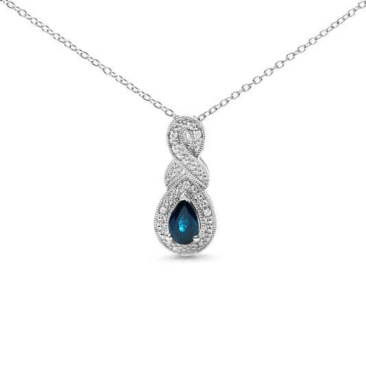 925 Sterling Silver Pear Sapphire & Diamond Infinity Drop 18" Pendant Necklace - Lovez Aqua© -