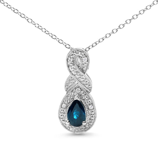 925 Sterling Silver Pear Sapphire & Diamond Infinity Drop 18" Pendant Necklace - Lovez Aqua© -