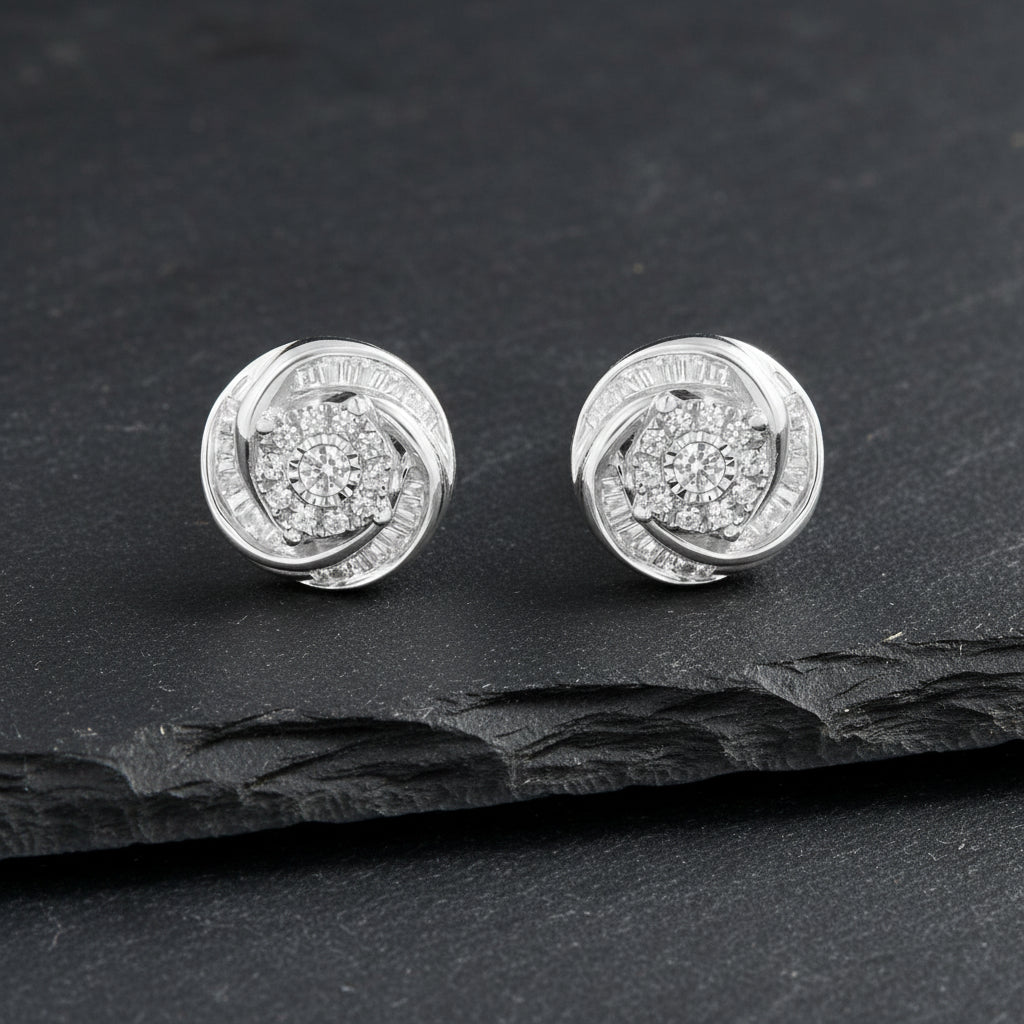 925 Sterling Silver Round & Baguette-Cut Diamond Love Knot Stud Earrings - Lovez Aqua© -
