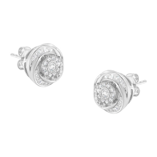 925 Sterling Silver Round & Baguette-Cut Diamond Love Knot Stud Earrings - Lovez Aqua© -