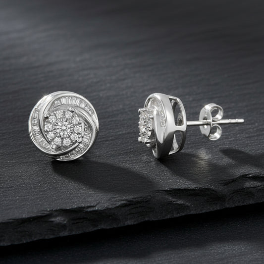 925 Sterling Silver Round & Baguette-Cut Diamond Love Knot Stud Earrings - Lovez Aqua© -