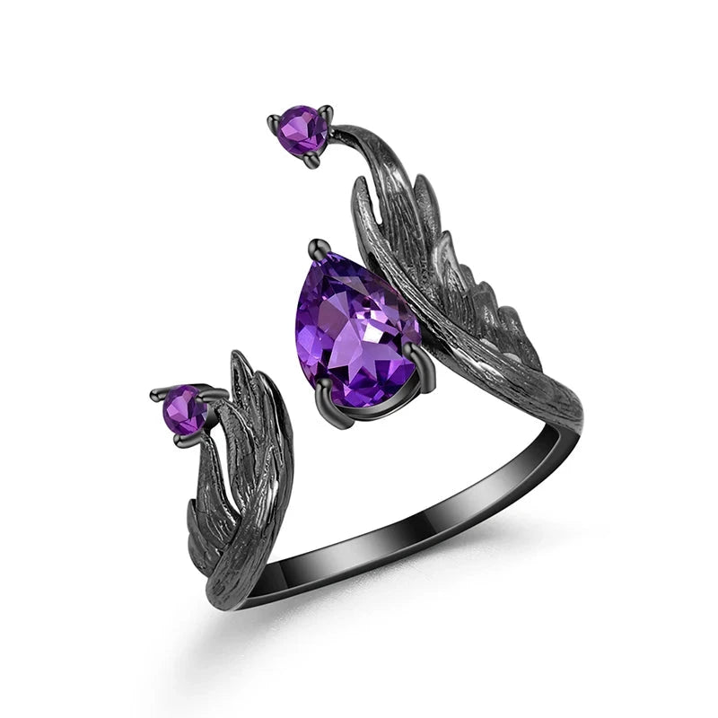 925 Sterling Silver & 1.43Ct Natural Amethyst Gemstone Angel Wings Ring - Lovez Aqua© -