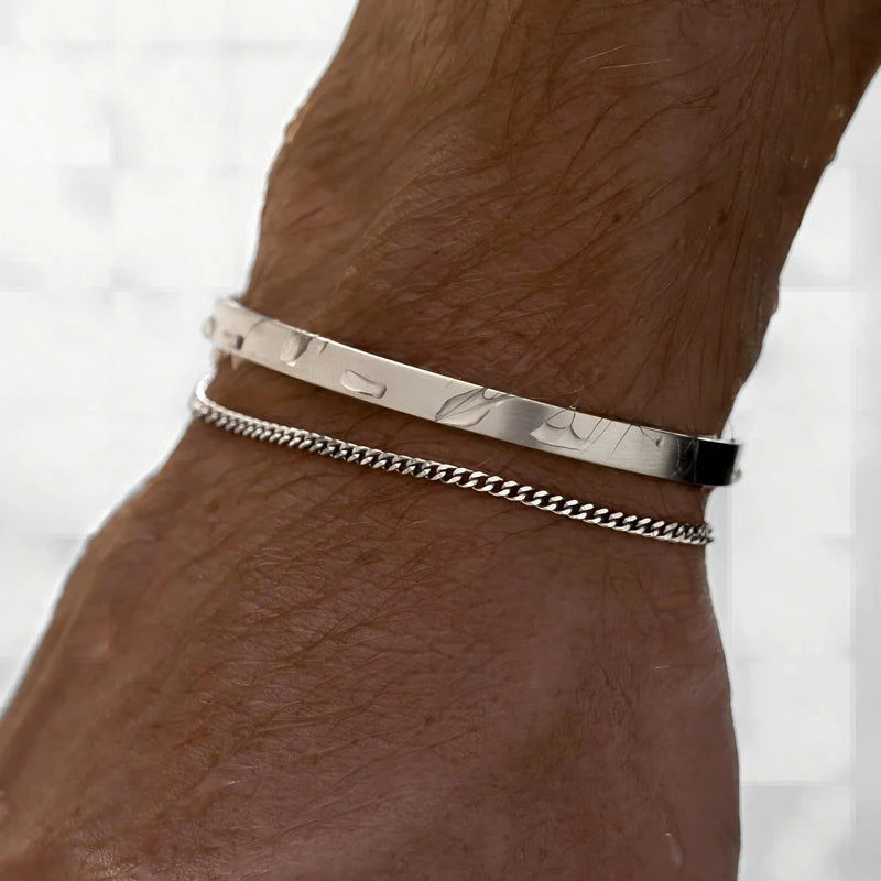 925 Sterling Silver & 14K Gold Plated Men's Stackable Cuff & Thin Chain Bracelets - Lovez Aqua© - Cuban Cuff - Silver