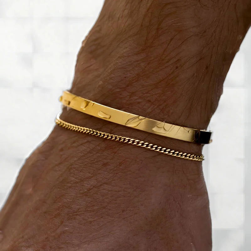 925 Sterling Silver & 14K Gold Plated Men's Stackable Cuff & Thin Chain Bracelets - Lovez Aqua© - Cuban Cuff - Gold