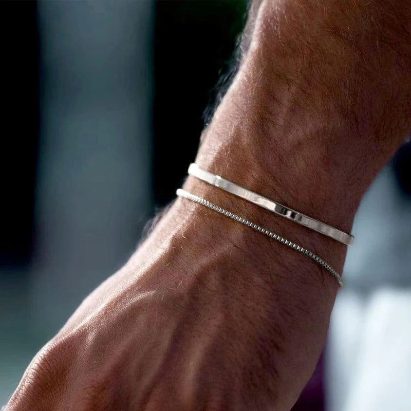 925 Sterling Silver & 14K Gold Plated Men's Stackable Cuff & Thin Chain Bracelets - Lovez Aqua© - Box Cuff - Silver