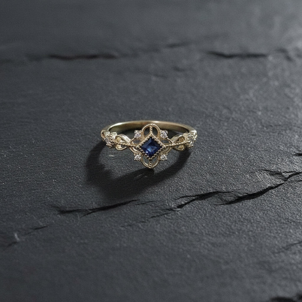 925 Sterling Silver 14K Gold Plated Women's Vintage Filigree Blue Zircon Ring - Lovez Aqua© -