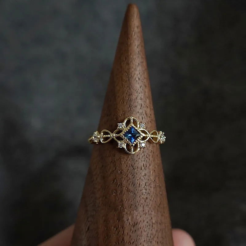925 Sterling Silver 14K Gold Plated Women's Vintage Filigree Blue Zircon Ring - Lovez Aqua© - Gold / 8