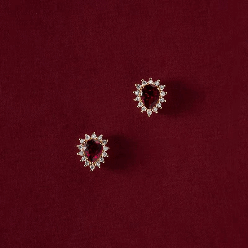 925 Sterling Silver & 18K Gold Plated Waterdrop Ruby Garnet Stud Earrings - Lovez Aqua© -