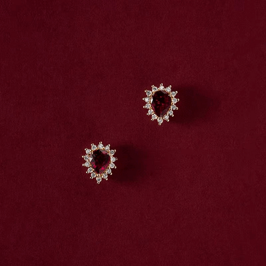925 Sterling Silver & 18K Gold Plated Waterdrop Ruby Garnet Stud Earrings - Lovez Aqua© -