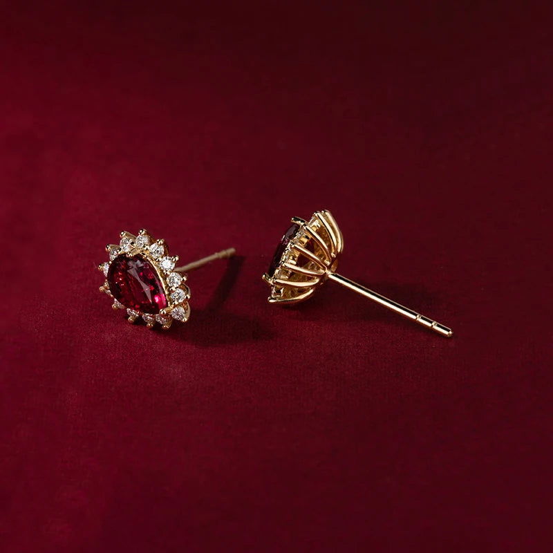 925 Sterling Silver & 18K Gold Plated Waterdrop Ruby Garnet Stud Earrings - Lovez Aqua© - Gold