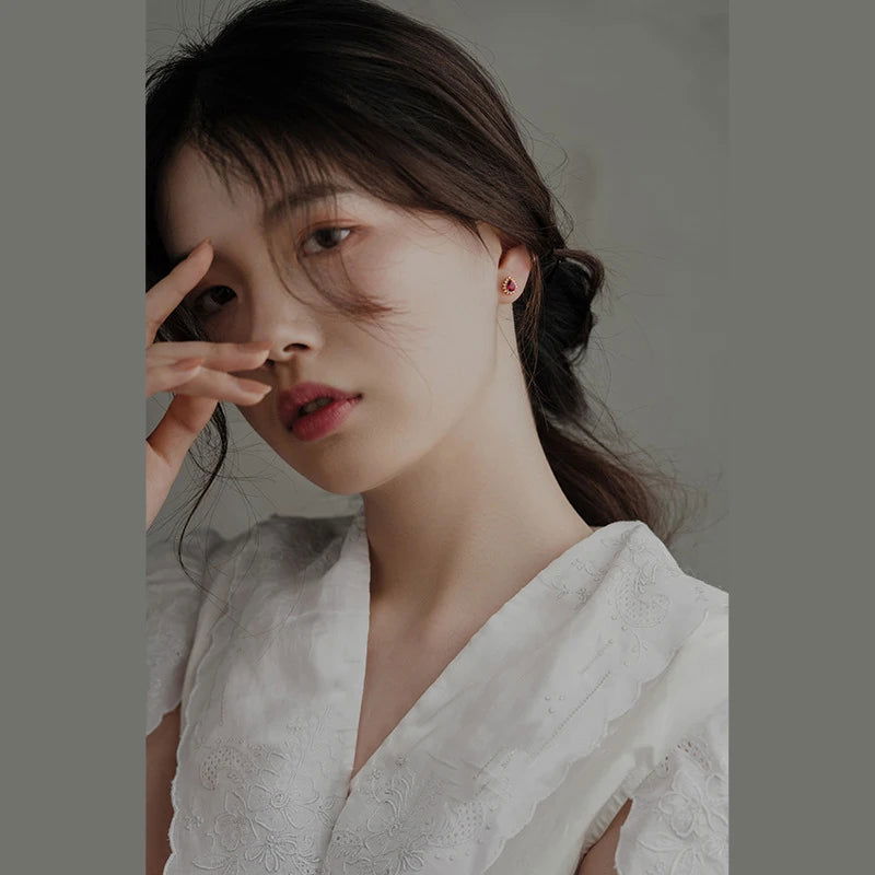 925 Sterling Silver & 18K Gold Plated Waterdrop Ruby Garnet Stud Earrings - Lovez Aqua© -