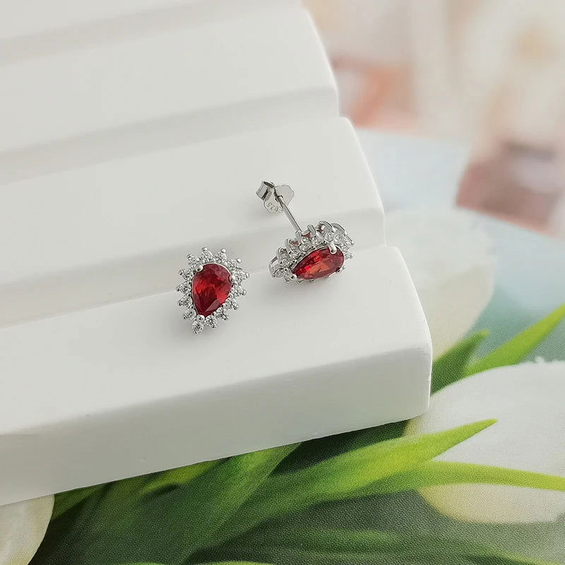 925 Sterling Silver & 18K Gold Plated Waterdrop Ruby Garnet Stud Earrings - Lovez Aqua© - Silver