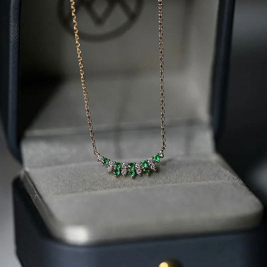 925 Sterling Silver & 18K Gold Plated White & Emerald Green Zircon Bar Necklace - Lovez Aqua© -