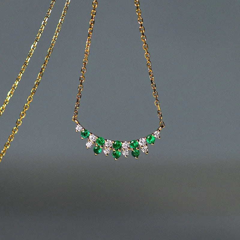 925 Sterling Silver & 18K Gold Plated White & Emerald Green Zircon Bar Necklace - Lovez Aqua© -