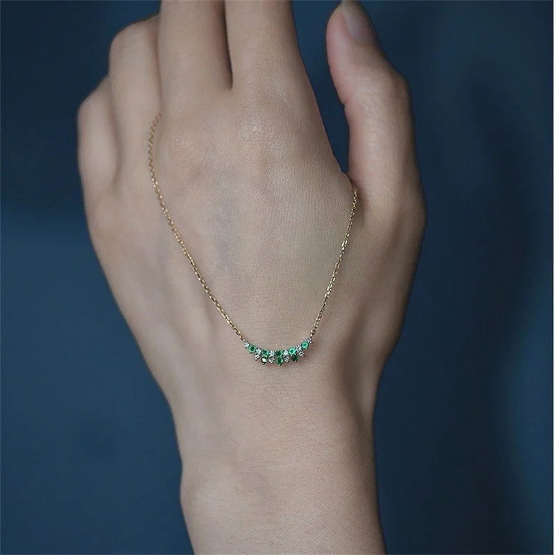 925 Sterling Silver & 18K Gold Plated White & Emerald Green Zircon Bar Necklace - Lovez Aqua© -