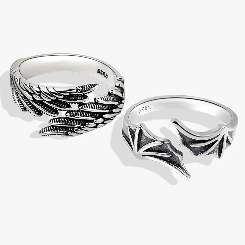 925 Sterling Silver Angel & Devil Wings Matching Couple Open Rings - Lovez Aqua© -