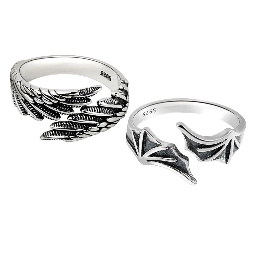925 Sterling Silver Angel & Devil Wings Matching Couple Open Rings - Lovez Aqua© -
